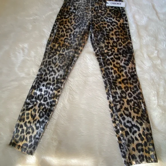 L'AGENCE Margot Metallic Foil Coated Leopard Print High Rise Crop Skinny…